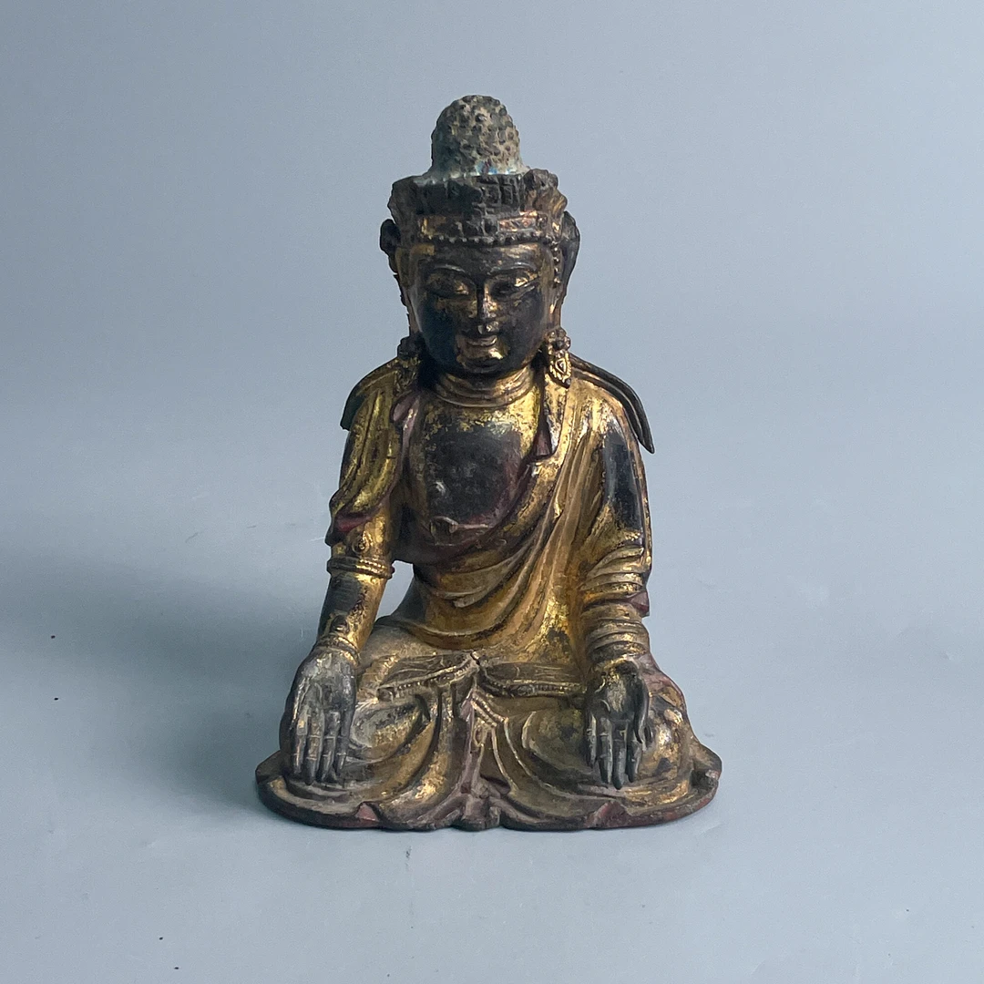 铜器/古董明代铜鎏金释迦牟尼佛坐像背红漆M2XJI000896/绣花张