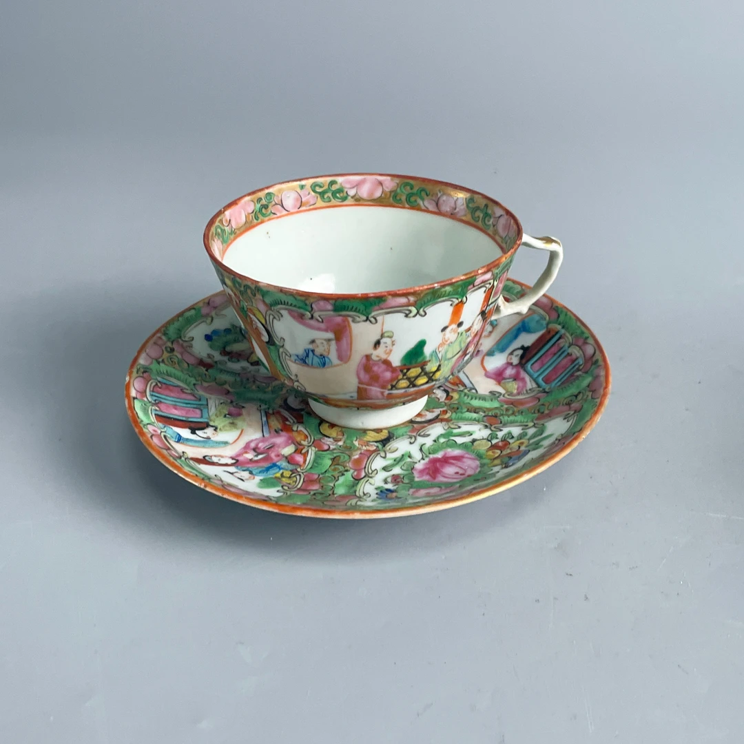 瓷器/古董清广彩花卉开窗人物故事杯碟一套M2XJZ003E78/绣花张