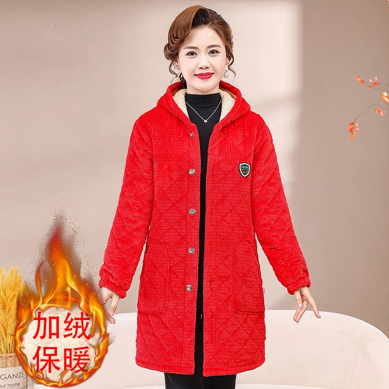 冬季加绒加厚中长款大码女棉衣时尚保暖连帽外套家居棉袄