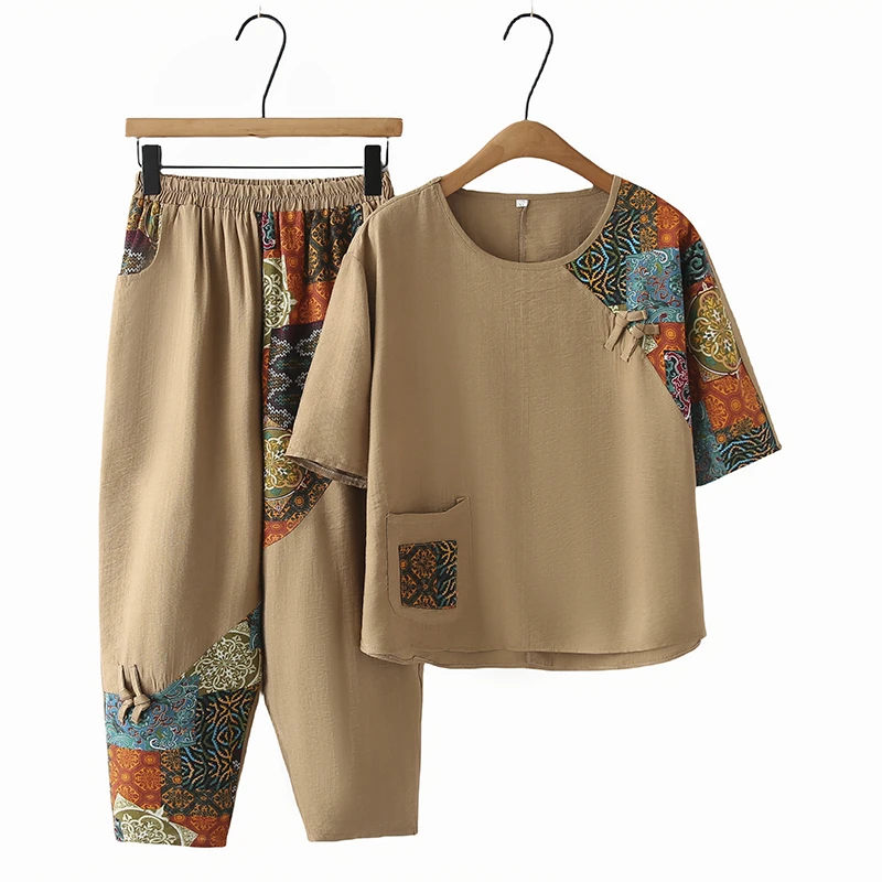 妈妈夏装棉麻套装女中老年人短袖民族风两件套奶奶老人夏季衣服薄