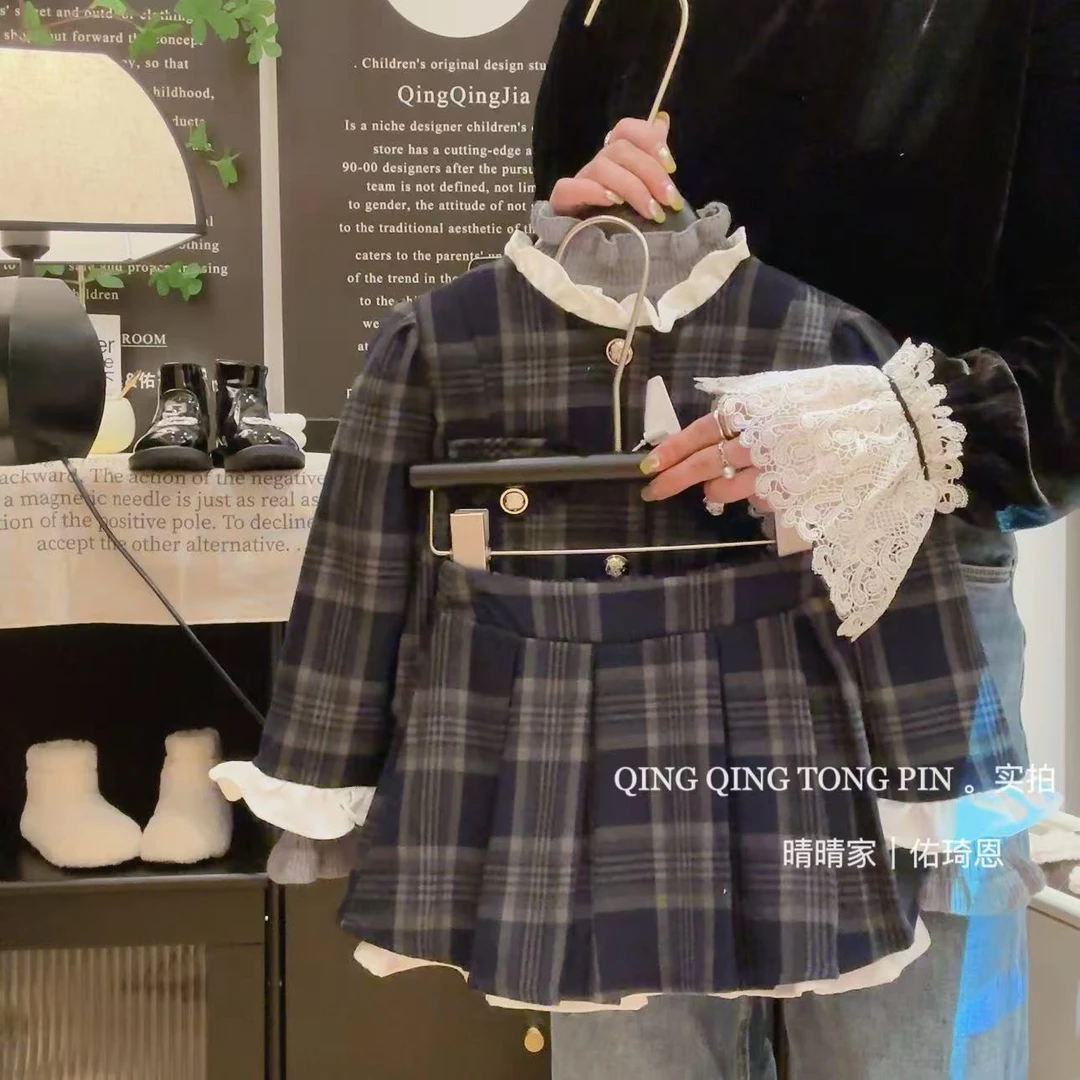 女童秋冬小香风套装2024新款儿童洋气花边上衣百褶裙两件套Q67688