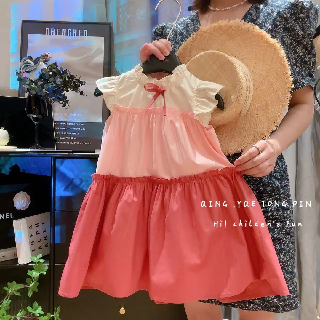 女童夏季连衣裙儿童洋气裙子甜美拼色蝴蝶结韩版公主裙AXA661鱼