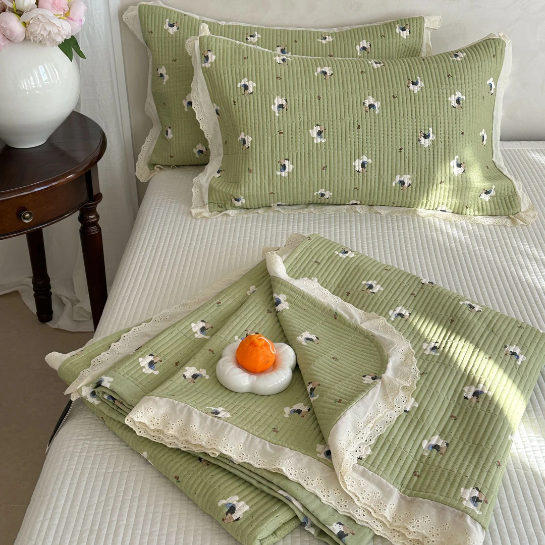 小玲子家纺 A类小花边纯棉纱布床盖三件套全棉亲肤可裸睡四季通用