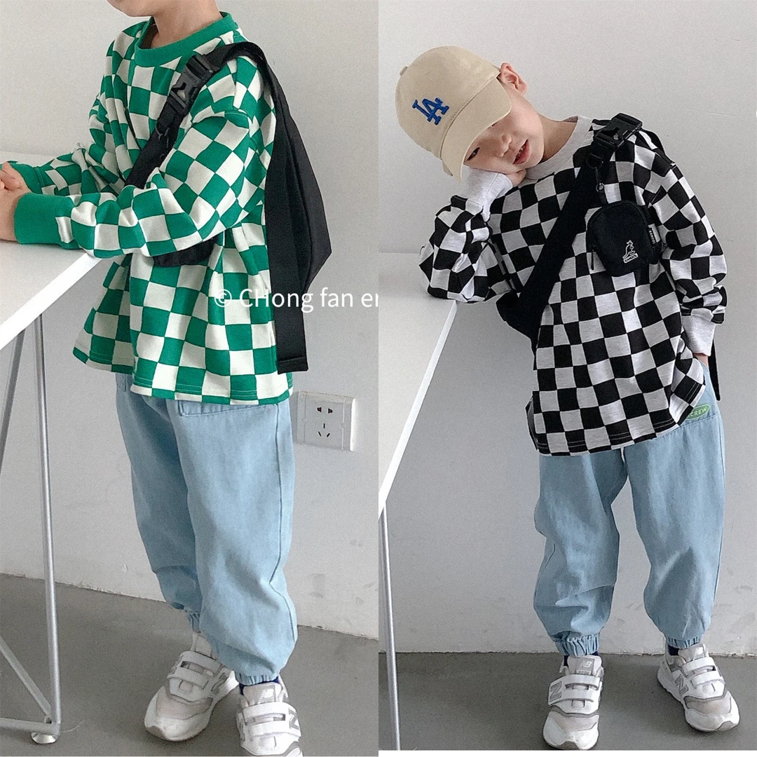 C09亲子 韩国童装春季新品男童女童中性棋盘格卫衣