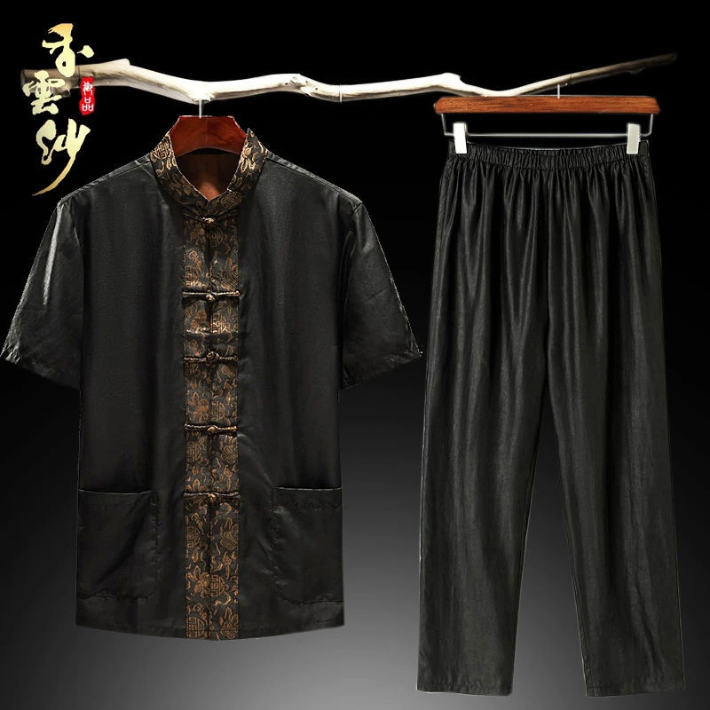 100%真丝香云纱中国风男士唐装套装上衣短袖中老年人爷爷夏季薄款