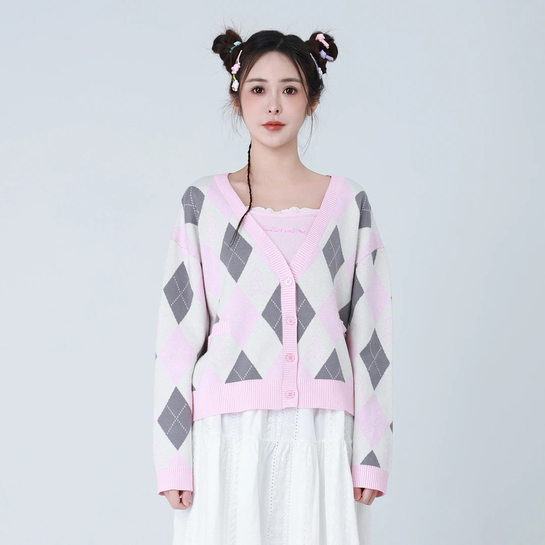 ANPK【禾子宠粉专款】甜美减龄V领拼色菱格宽松针织开衫AD143C1573