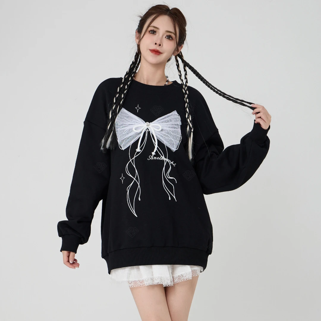 ANPK女装时尚纯欲蕾丝蝴蝶结黑色卫衣AD131I7145