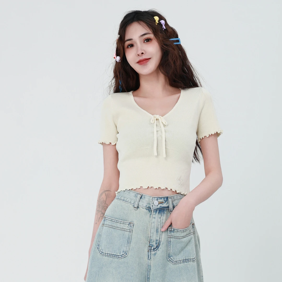 ANPK洋气减龄蝴蝶结短款露脐短袖小衫AD121C1128
