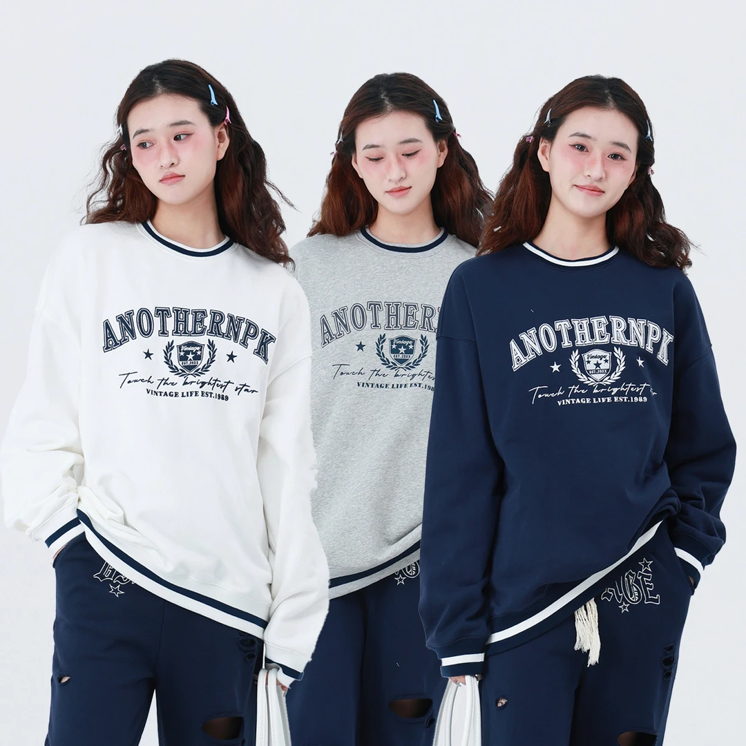 ANPK休闲学院慵懒风撞色圆领字母刺绣宽松卫衣AD131C1026