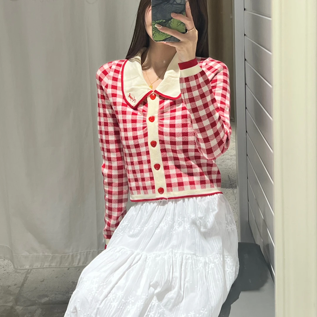 ANPK女装时尚红格子针织毛衣AD141I7120