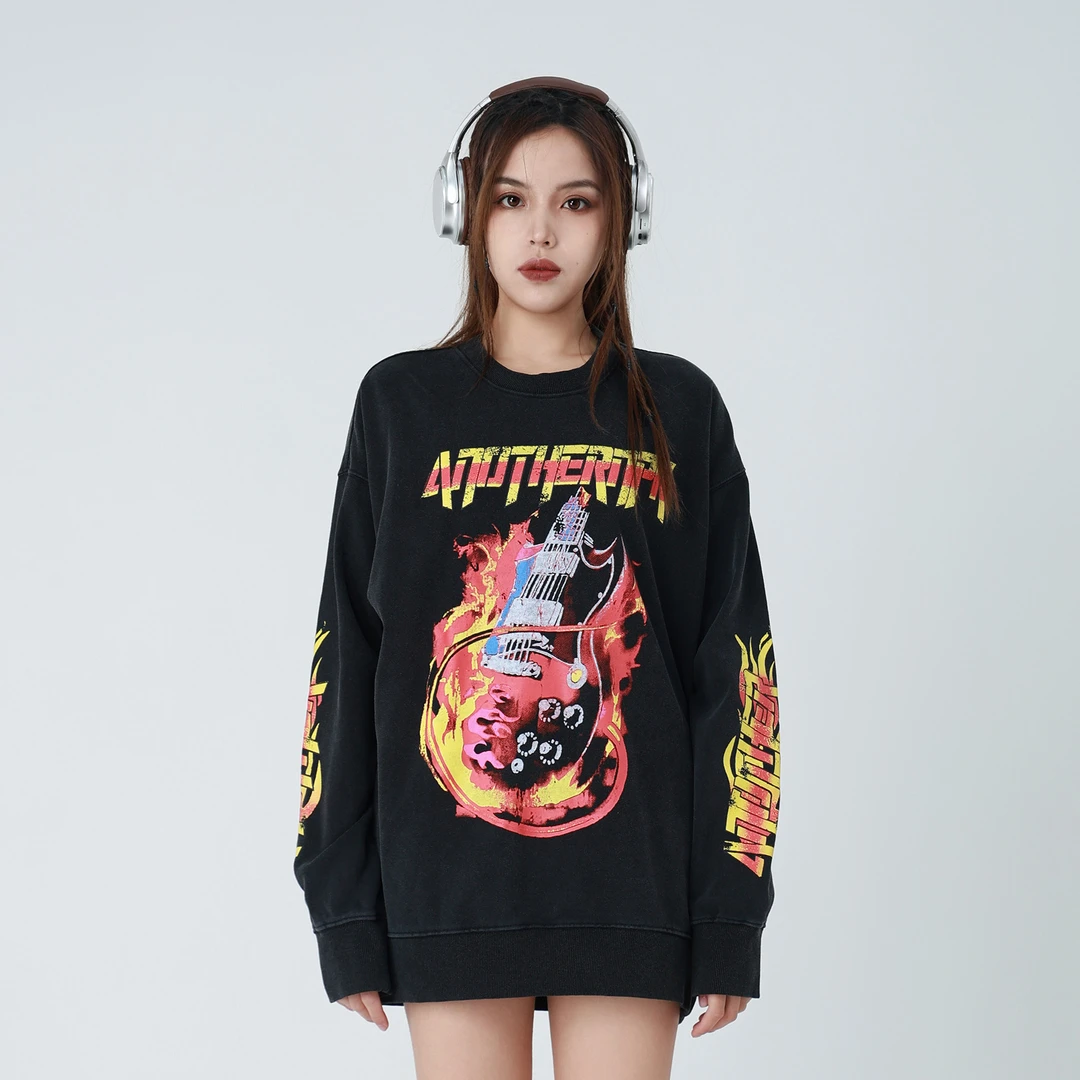 ANPK【禾子宠粉专款】美式街头火焰元素印花圆领套头卫衣AD131C8040