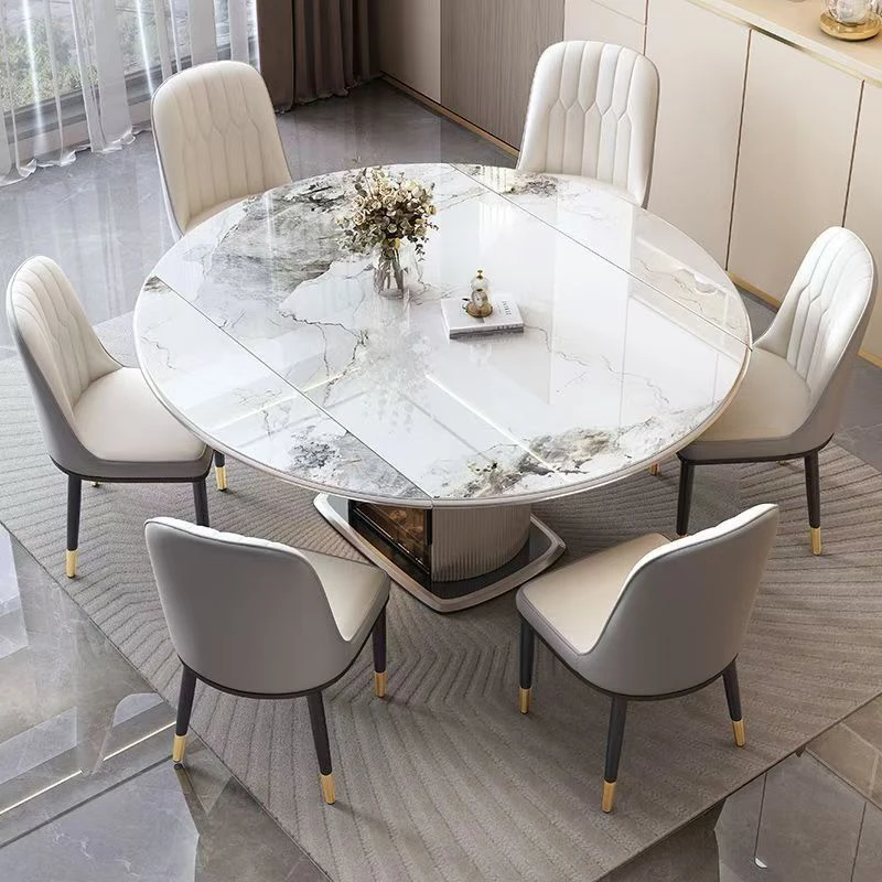 岩板餐桌轻奢家用小户型桌子可伸缩x2圆形餐桌椅家用餐桌椅组合