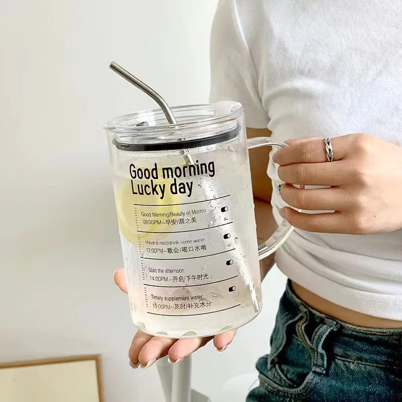 1000毫升大容量早日退休刻度玻璃喝水杯子带盖带吸管杯办公室夏季