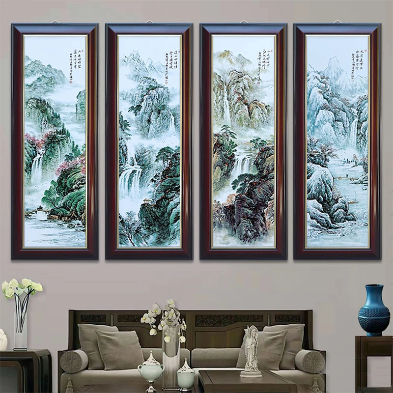 新品瓷板画高档山水挂画景德镇手工陶瓷壁画中式客厅装饰画四条屏