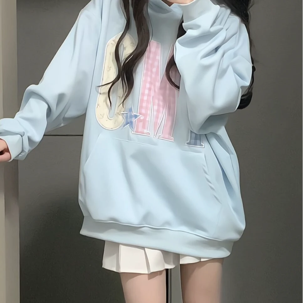 美式复古字母贴布刺绣连帽卫衣女秋冬新款宽松情侣帽衫潮