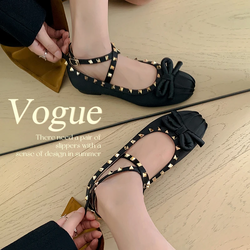 D1893黑色 库2 气质时尚百搭休闲新款蝴蝶结铆钉单鞋