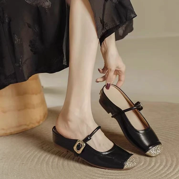 MT8800-1黑色库2包头半拖休闲百搭夏季时尚高跟圆头中跟低跟