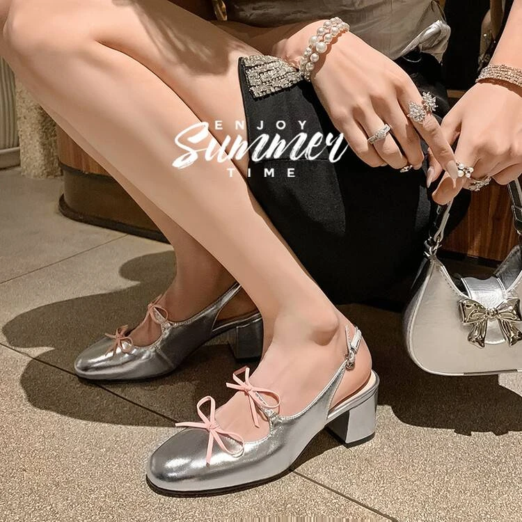 695银色  气质时尚百搭小众设计甜美蝴蝶结包头凉鞋库1