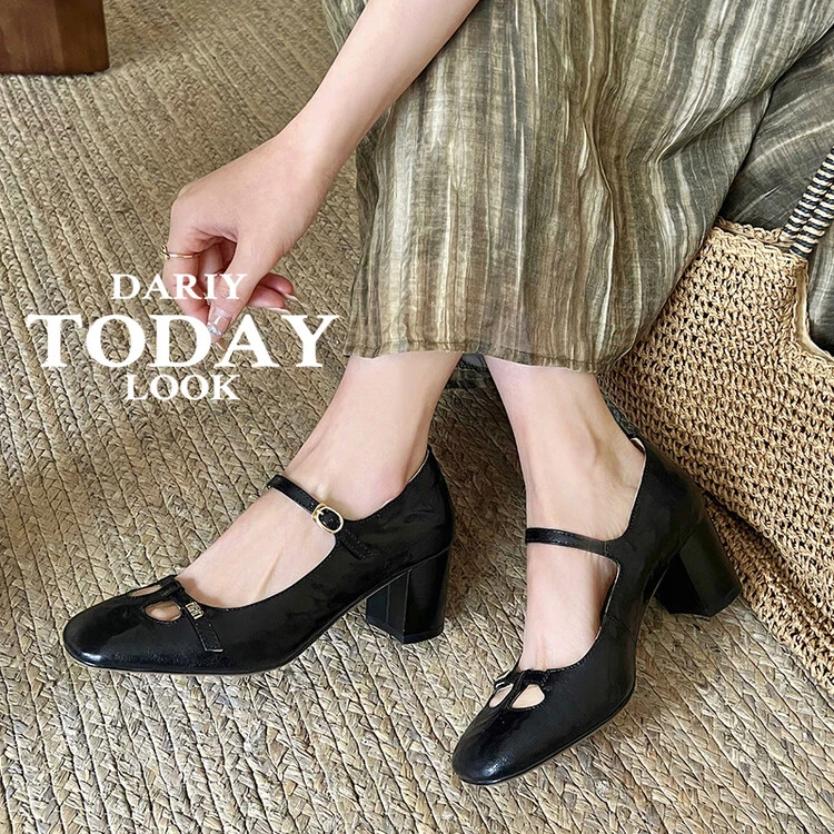 2456黑色库2 软底复古棕色粗跟方头浅口百搭黑色软底复古女鞋