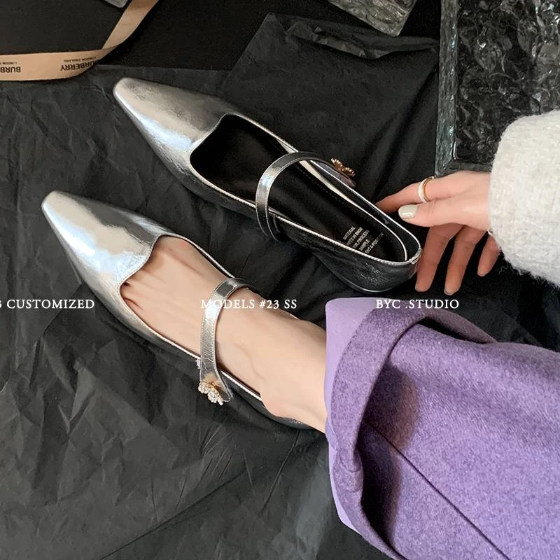 D1528银色 厅1 气质时尚百搭方头一字带单鞋