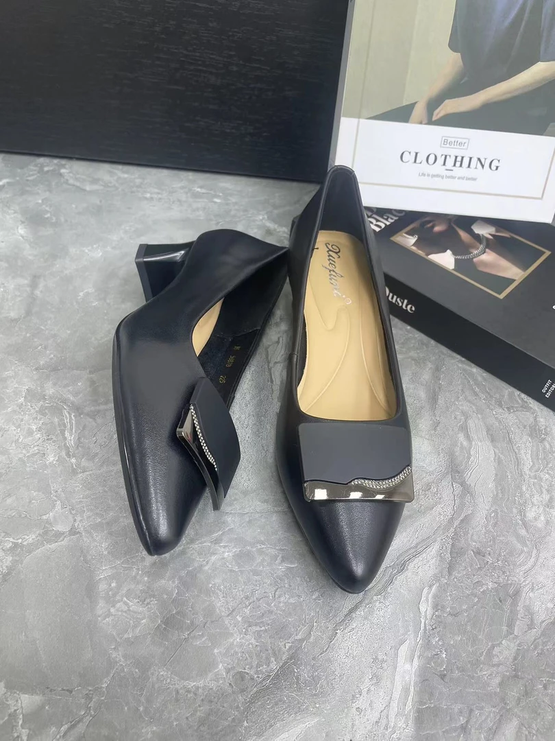 雪58898黑色 库4  气质尖头浅口时尚百搭女士粗跟女鞋