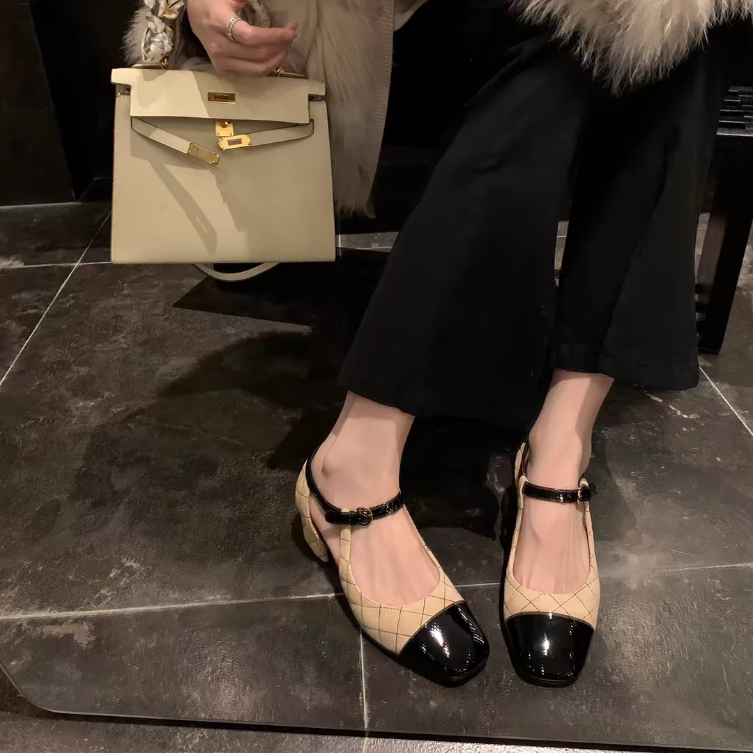 2550杏色  高跟鞋单鞋法式玛丽珍鞋粗跟库2气质凉鞋气质时尚百搭