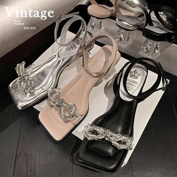 9746银色 小众百搭时尚气质夏季秋季串珠蝴蝶结一字带凉鞋厅1