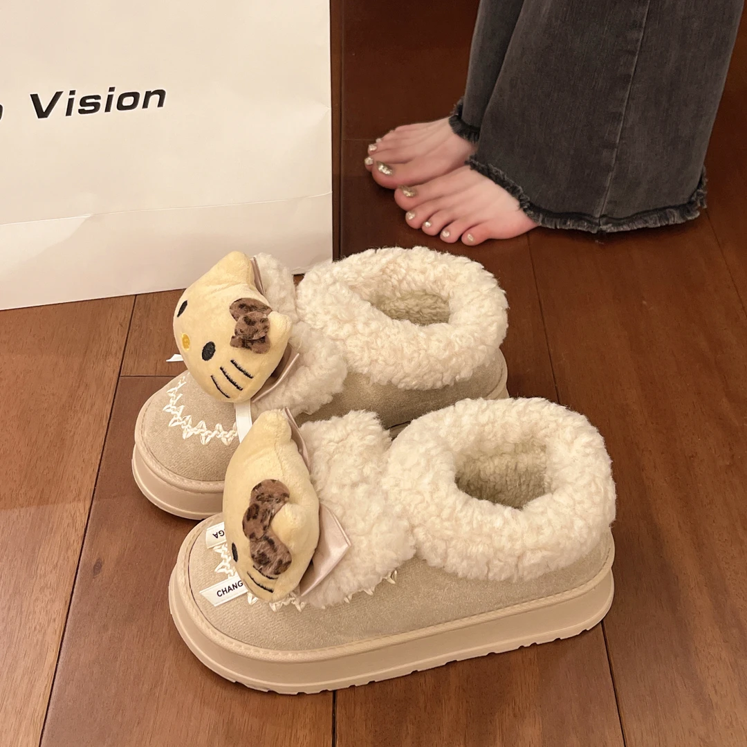 复古蝴蝶结可爱凯蒂猫包跟棉鞋女冬季外穿加绒保暖增高厚底面包鞋