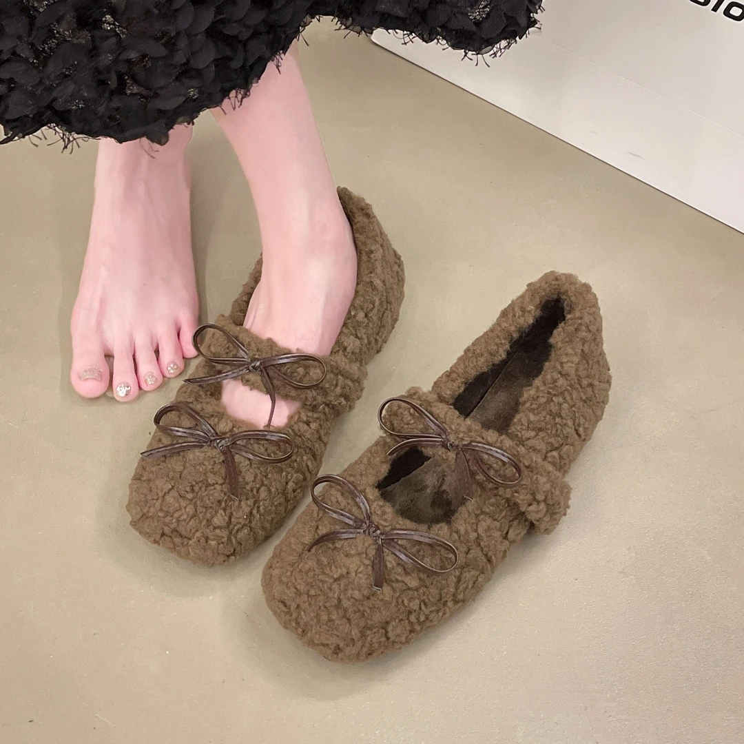 甜美毛毛鞋女时尚外穿2024年冬季加绒豆豆鞋浅口百搭平底保暖棉鞋