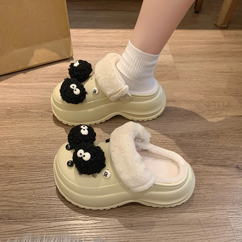 搞怪煤球~~增高厚底两穿加绒洞洞鞋女2024秋冬新款休闲学院包头拖