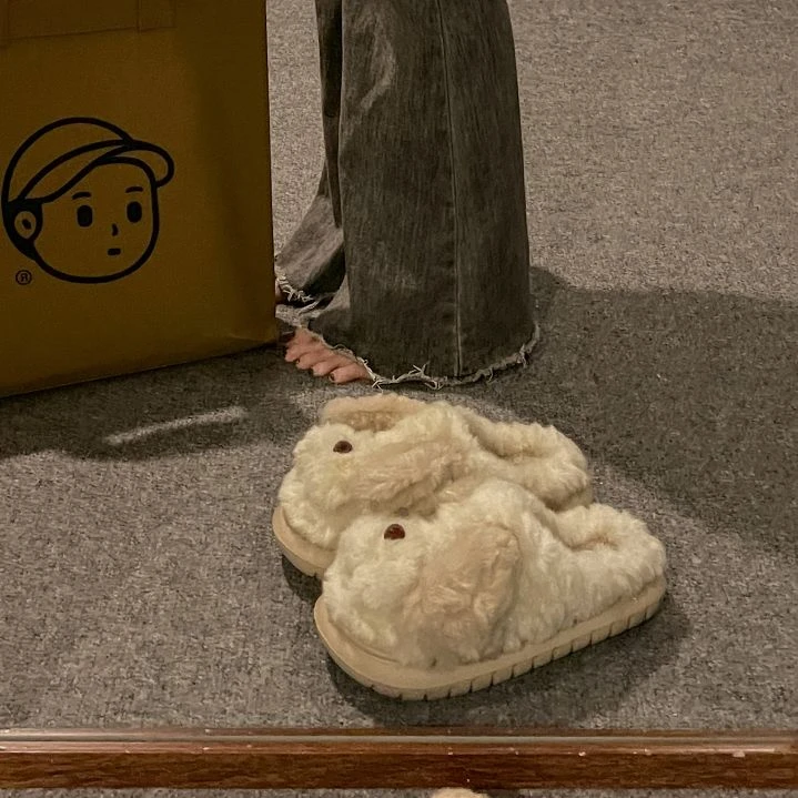 可爱小狗卡通毛毛拖鞋女外穿2024新款秋冬家居保暖厚底防滑棉拖鞋