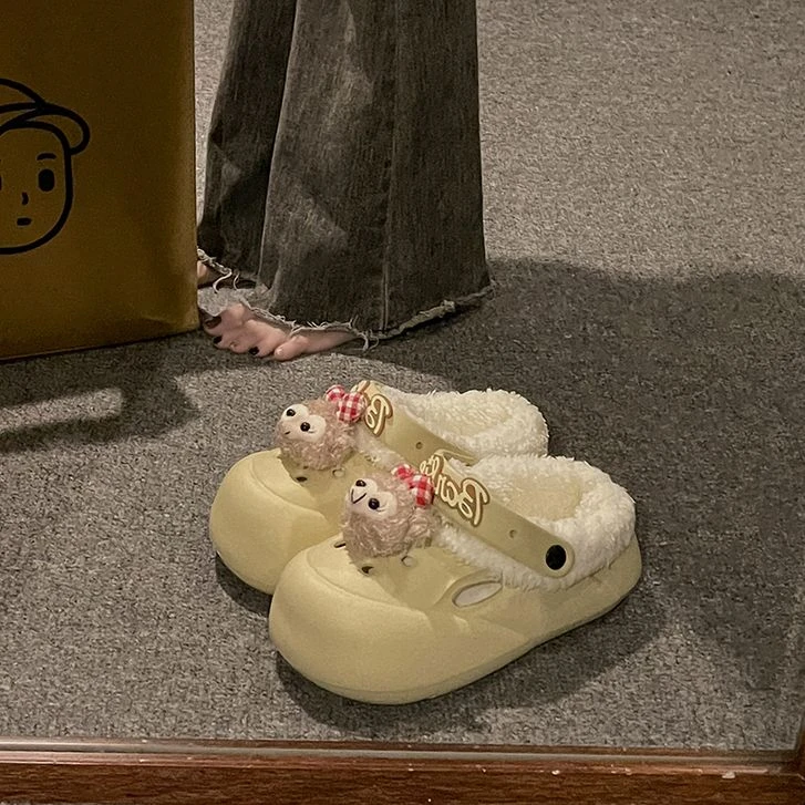 可爱厚底加绒包头拖女2024年秋冬新款舒适不累脚休闲外穿毛毛拖鞋