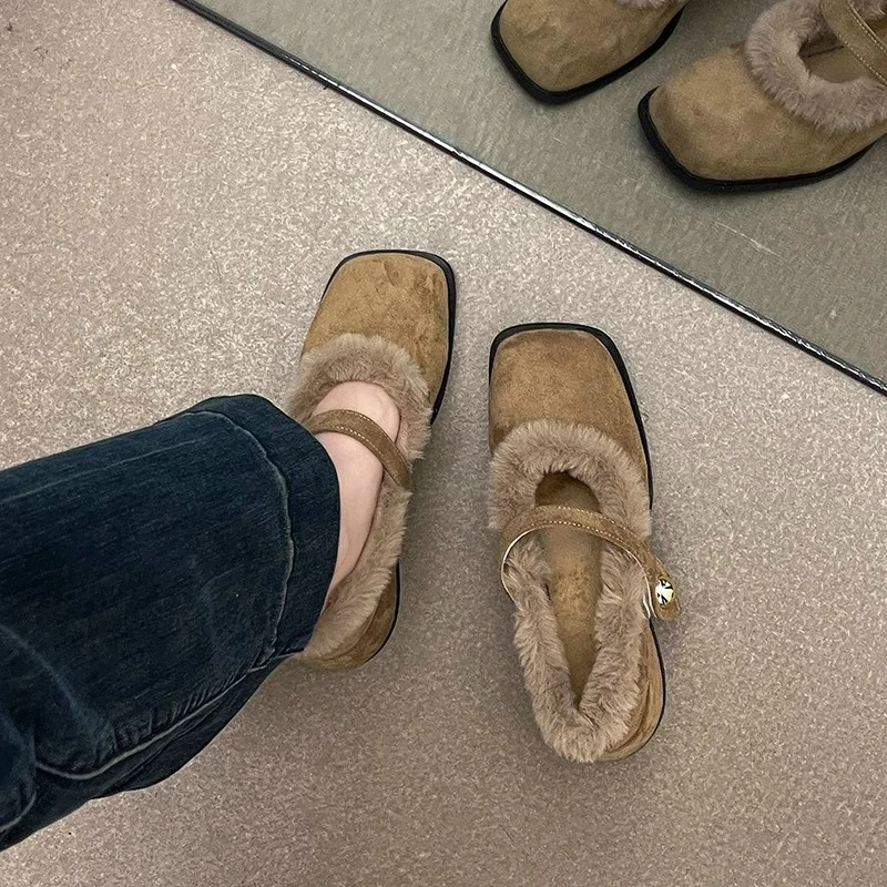 法式复古洋气加绒玛丽珍鞋女2024秋冬新款百搭气质粗跟毛毛单鞋子