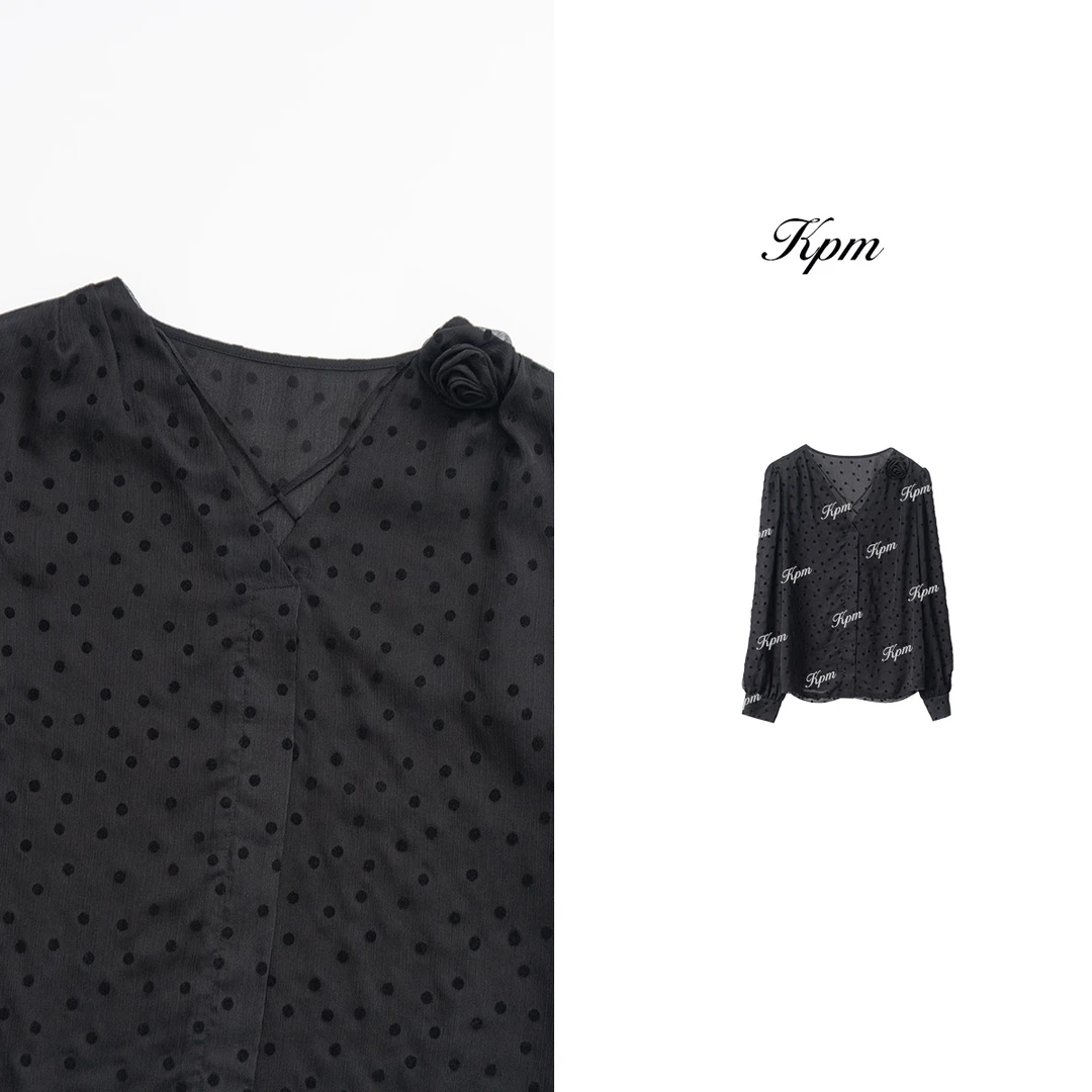 2024新款时尚潮流精致设计感V领交叉波点山茶花长袖上衣JN6388