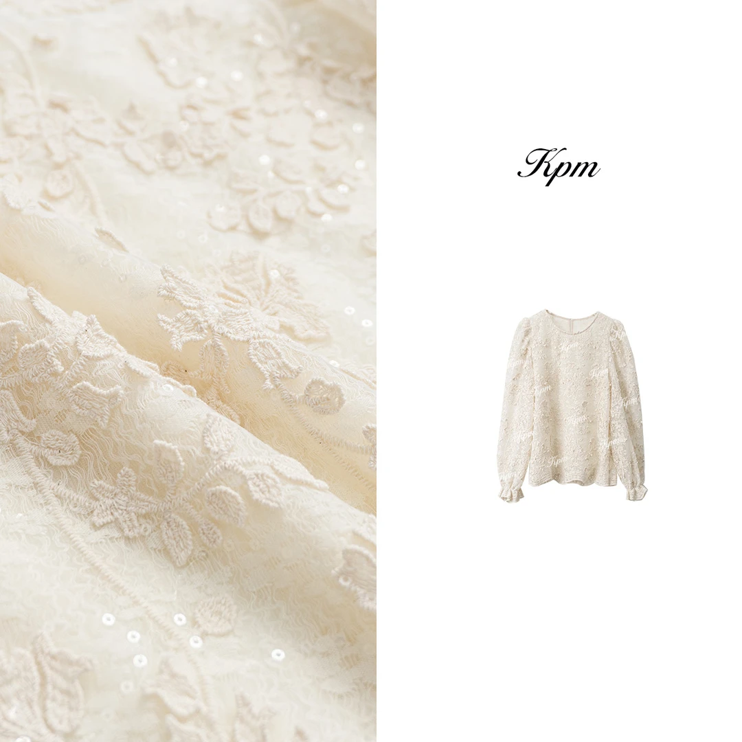 2024新款时尚重工立体水溶·绣花亮片精致灯笼袖波浪边上衣 JN6364