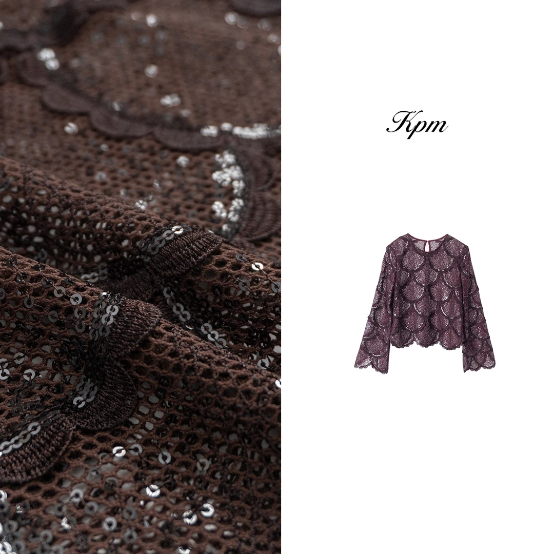 2024新款气质重工亮片鳞片钩花镂空宽松时尚圆领长袖上衣  JN6391