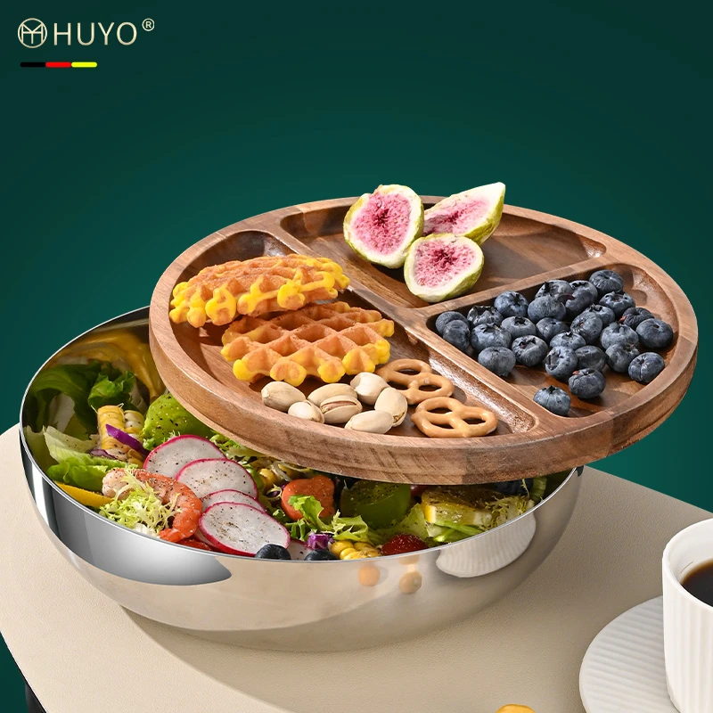 水果沙拉盆食品级304不锈钢沙律搅拌盆轻奢分格拼盘家用带盖果盘
