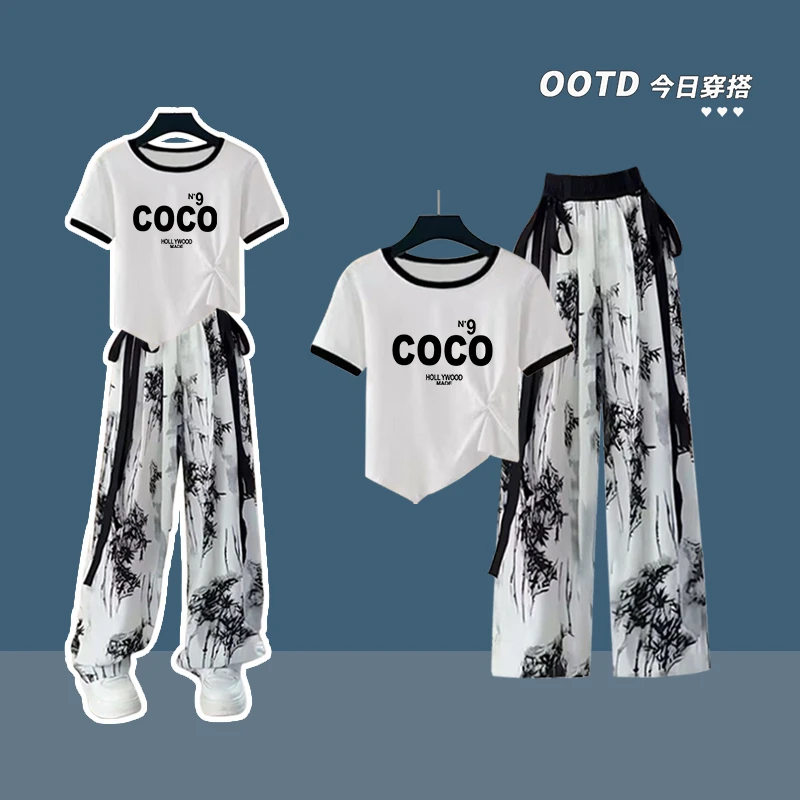 女童学生短袖休闲国风阔腿裤子洋气儿童休闲夏季高腰夏装时尚套装