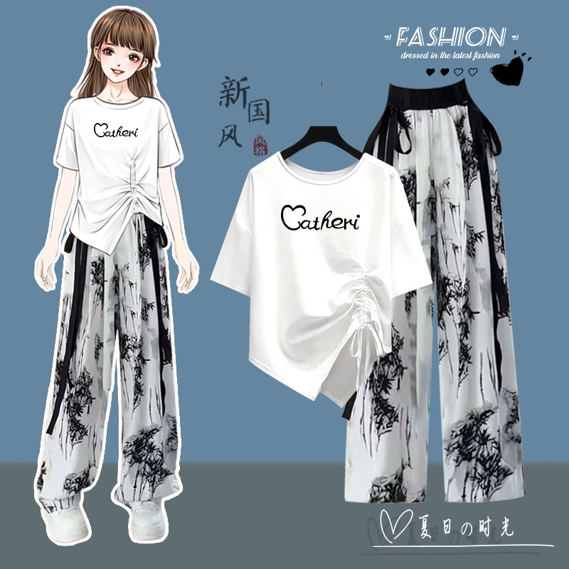 中大童女童休闲时尚新中式国风阔腿裤新款不规则短袖女童夏季套装