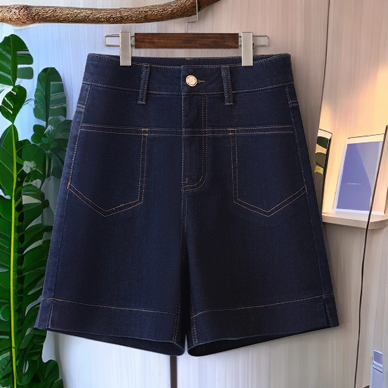 深蓝色简约高腰四分牛仔短裤女夏天新款宽松显瘦a字直筒裤子时尚