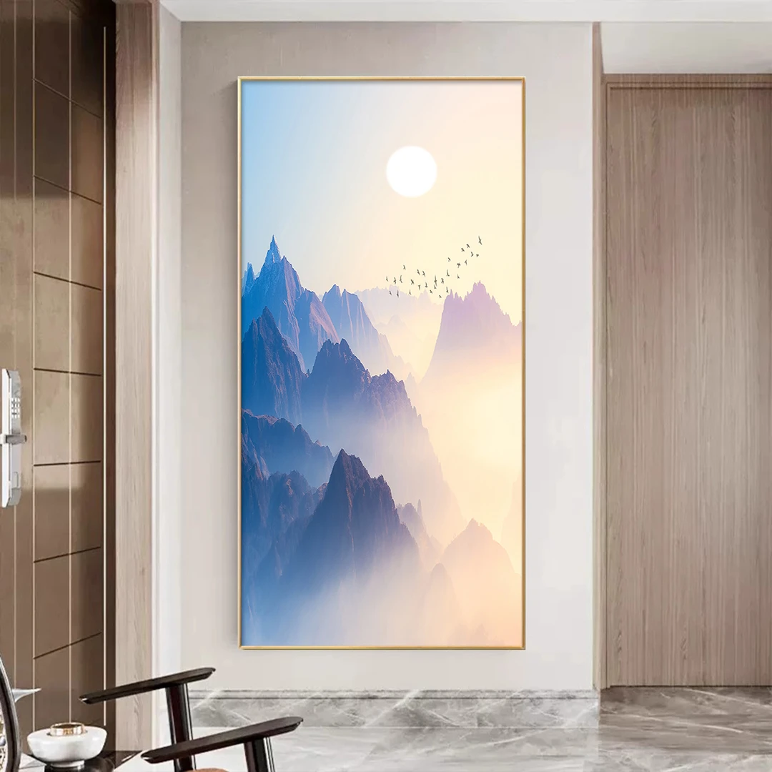 紫气东来入户玄关装饰画别墅客厅过道大气壁画酒店走廊山水挂画