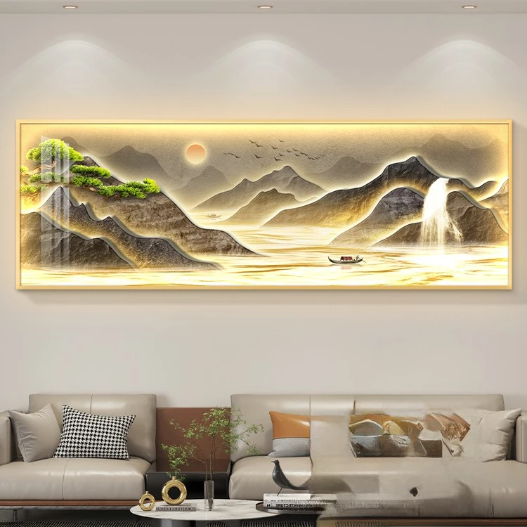 现代轻奢客厅装饰画横幅旭日东升壁画山水画寓意好沙发背景墙挂画