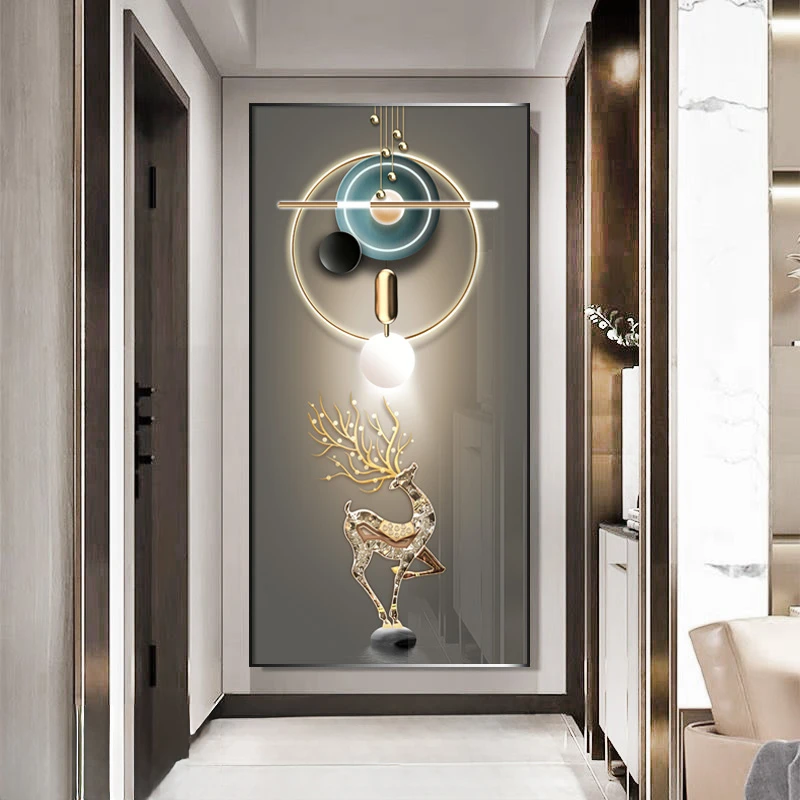 轻奢入户高端玄关带灯装饰画现代简约墙画竖版走廊楼梯过道新中式