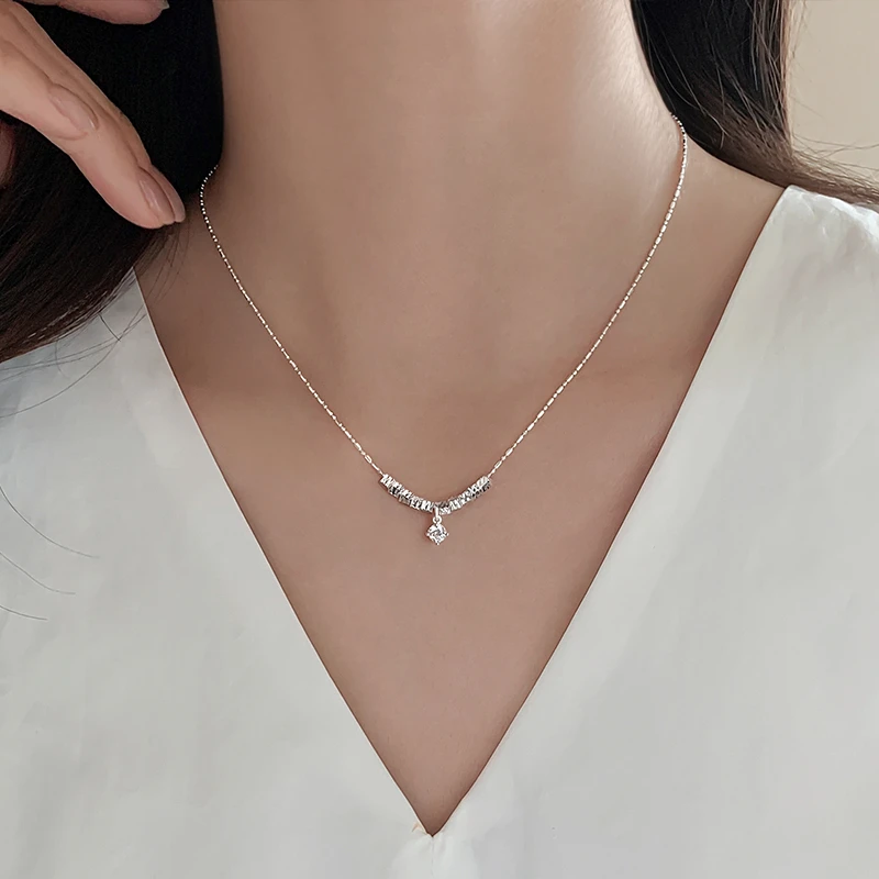 坠链均925银合成锆石 925纯银闪钻碎银项链轻奢女高级颈链锁骨链
