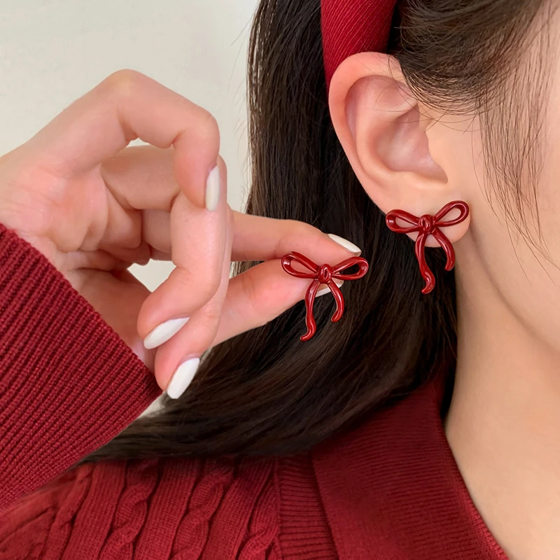 合金耳饰 999银针蝴蝶结耳钉新年ins小众气质耳环女高级红色耳饰