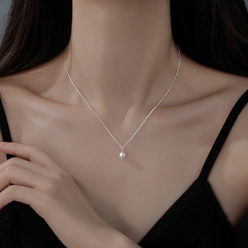 链子925银仿珍珠 纯银仿珍珠项链轻奢女爆款高级感颈链小众锁骨链