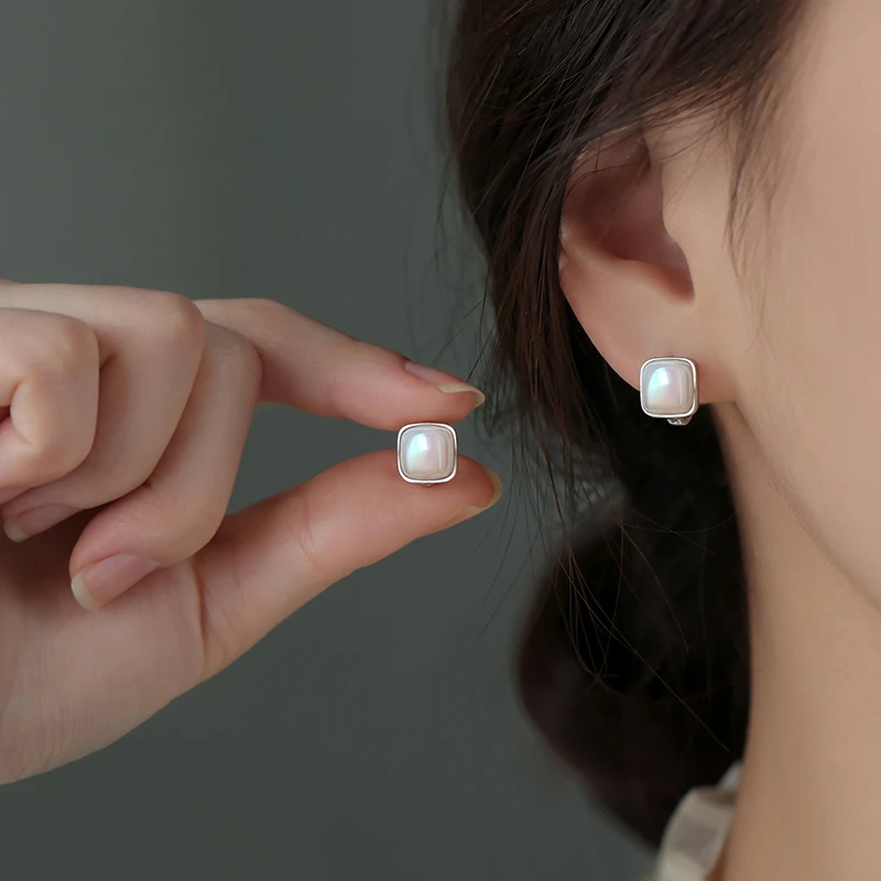 足银仿珍珠耳饰 999纯银方糖耳环轻奢小众设计感温柔气质耳扣精致