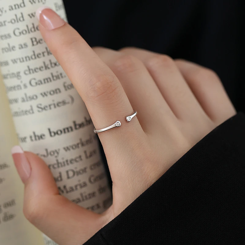 925银合成锆石戒指 猫爪戒指小众设计素圈开口戒轻奢女高级食指戒