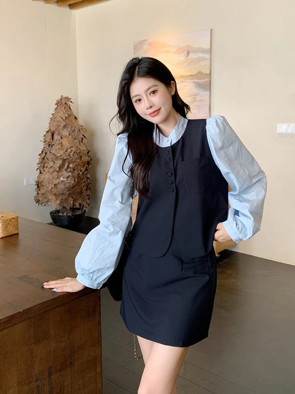 大码胖mm复古简约马甲拼接衬衣假两件上衣女秋高腰A字显瘦两件套