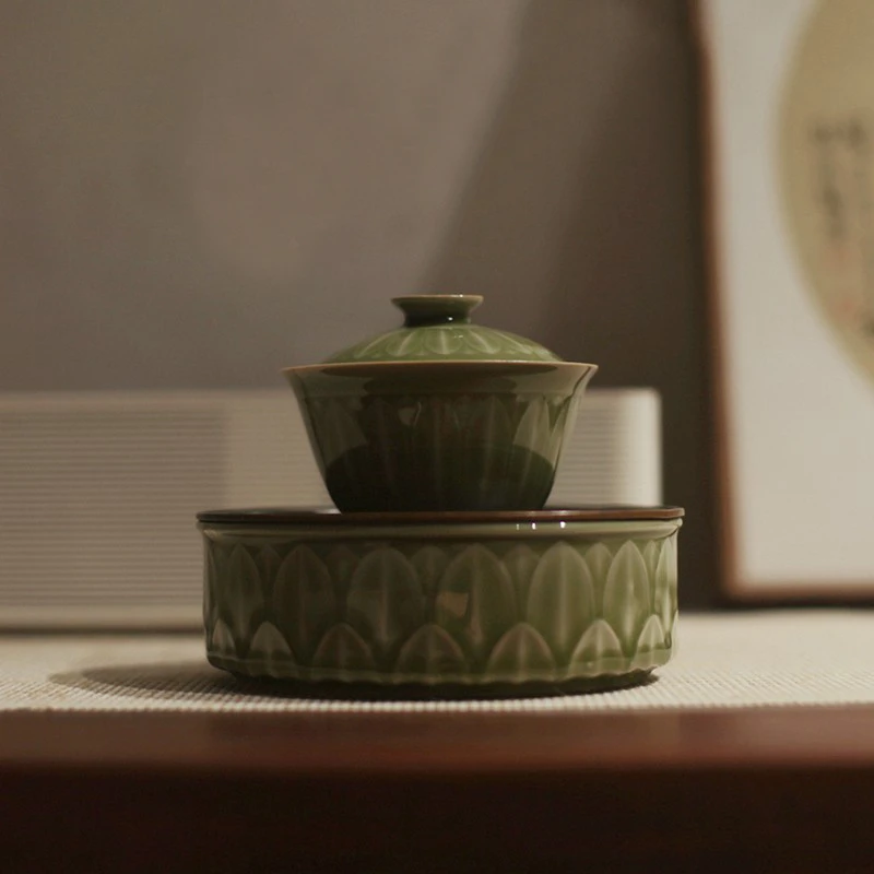 |宋青书院|《耀州窑》莲花盖碗 莲花壶承秘色茶具 青瓷二才陶瓷茶杯